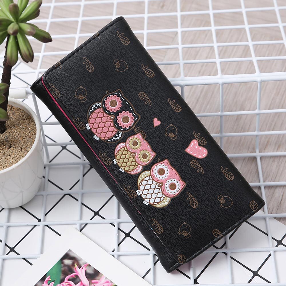 Owl Cute Printed Women Wallets Simple Retro Owl Printing Long Wallet Coin Purse Card Holders Handbag Credit Card Holder#3: Black