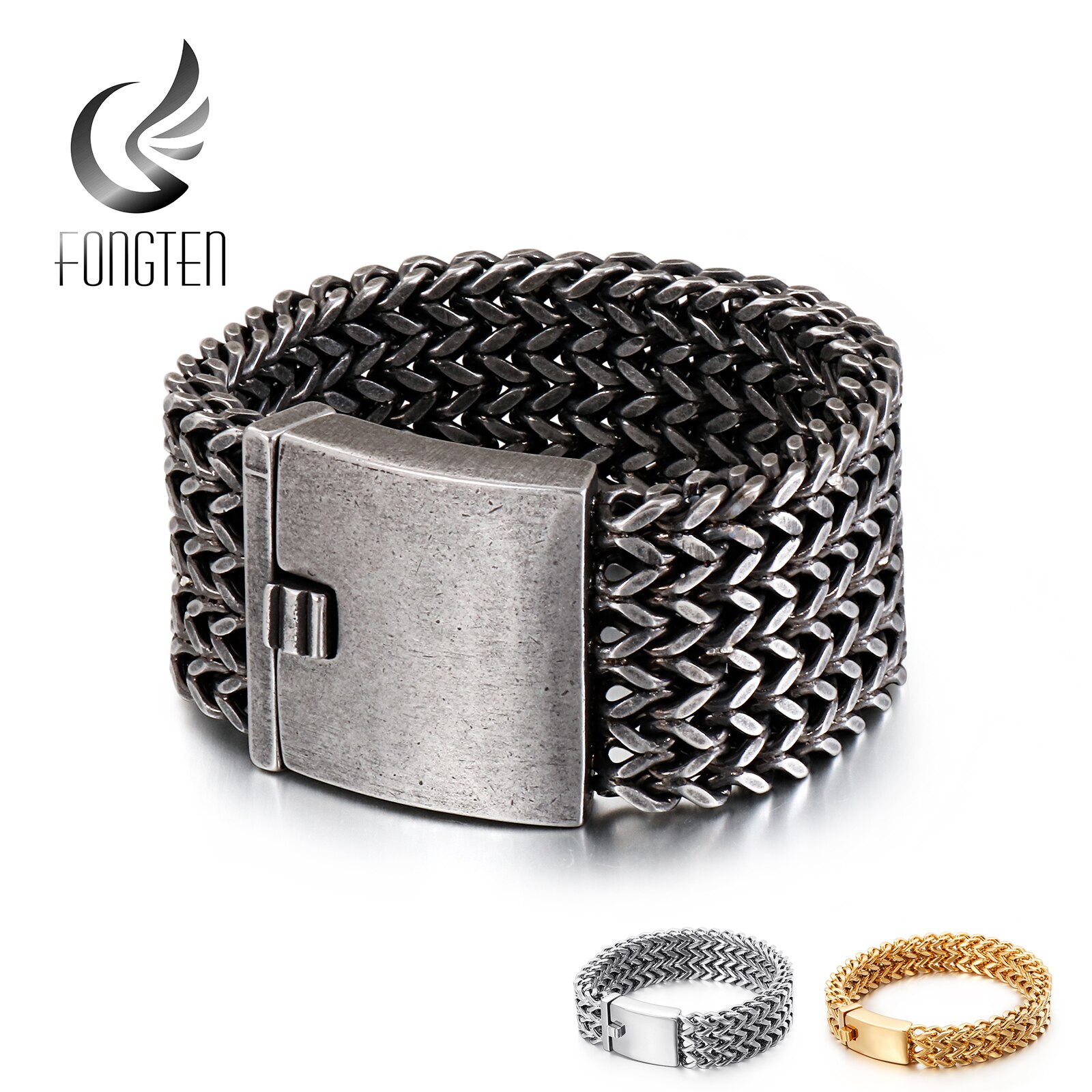 Fongten Mesh Link Chain Armband Mannen Punk Vintage Metalen Roestvrij Staal Mens Wrist Band Charme Brede Armbanden Sieraden