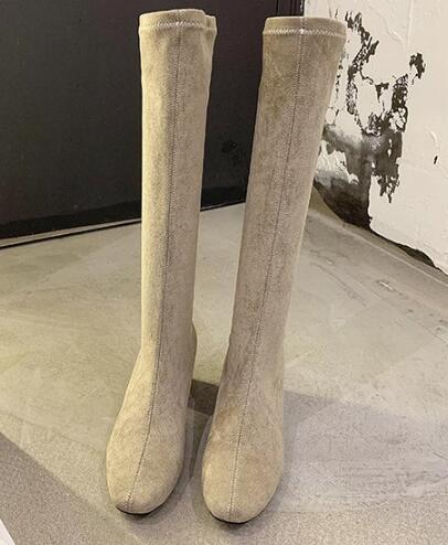 Kvinner lange støvler vårstøvler botas kvinnelige stretch flock slanke støvler sko kvinne svart grå beige roma knehøye støvler: Beige / 37