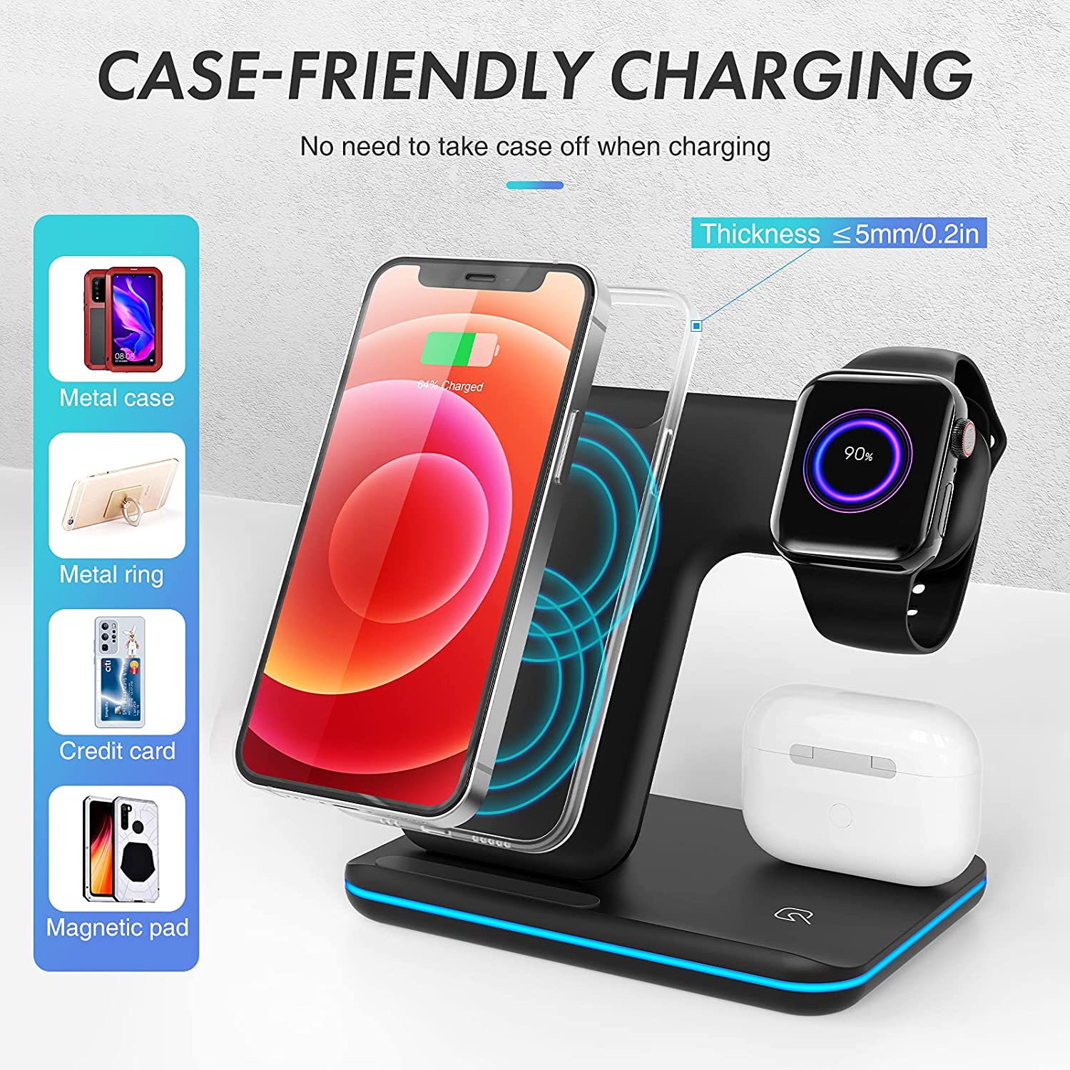 DCAE Qi Fast Wireless Charger Stand 3 in 1 Charging Station 15W Pad Dock for Apple Watch 7 AirPods Pro iPhone 13 12 11 XS XR X 8