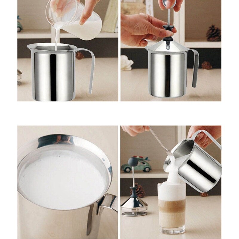 Manual Milk Frother Set 800Ml,Stainless Steel Double Mesh Milk Frothing Jug,Milk Creamer for Cappuccino & Fancy Coffee