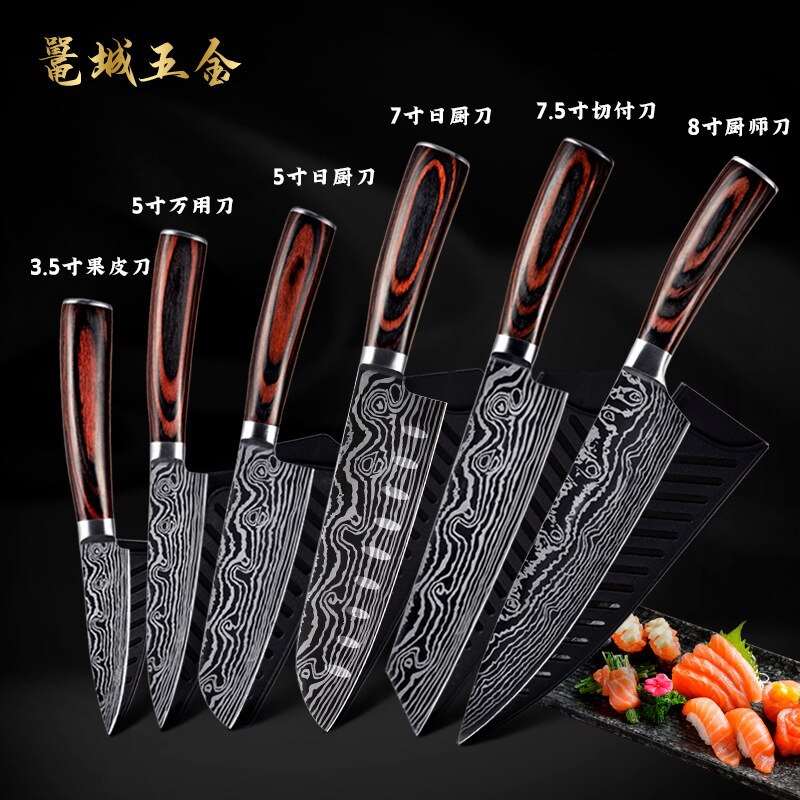 Cuchillo de Chef KnivesHigh de acero inoxidable, dibujo de Damasco, Gyuto, cuchillo de Santoku: 6PCS