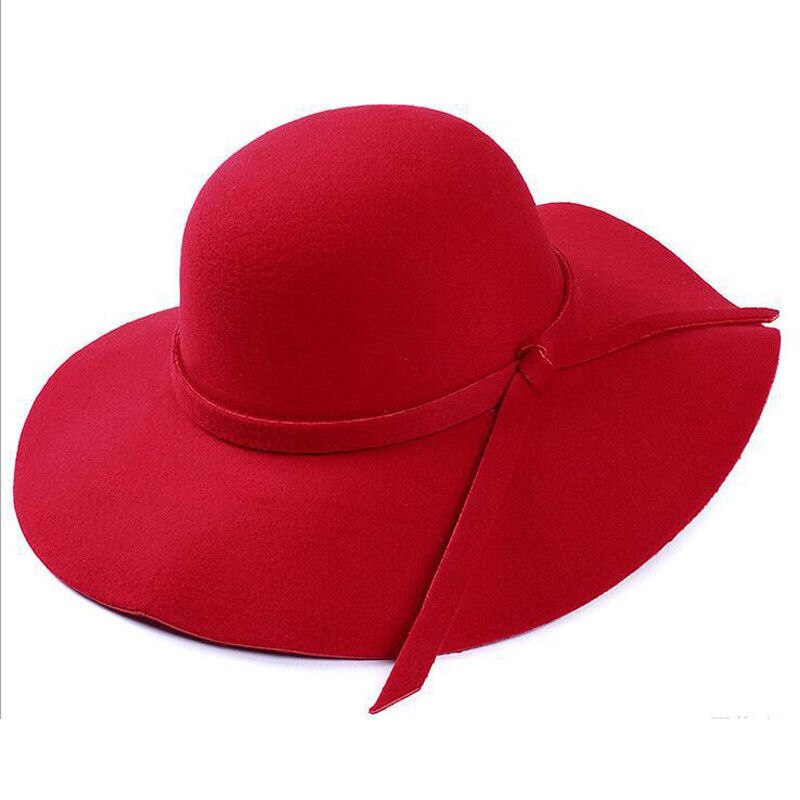 Vintage Lady Womens Wide Brim Wool felt Hat Floppy Felt Bowler Cloche Cap: Red