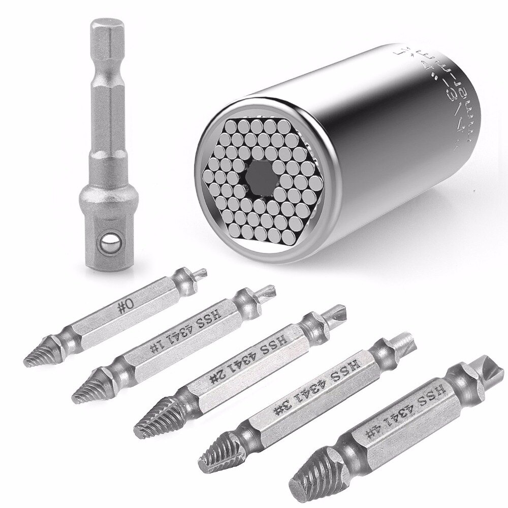 7mm-19mm Universal Gator Socket Adapter Wrench with 5 Pcs Damaged Screw Remover Easily Remove Stripped Or Damaged Screws