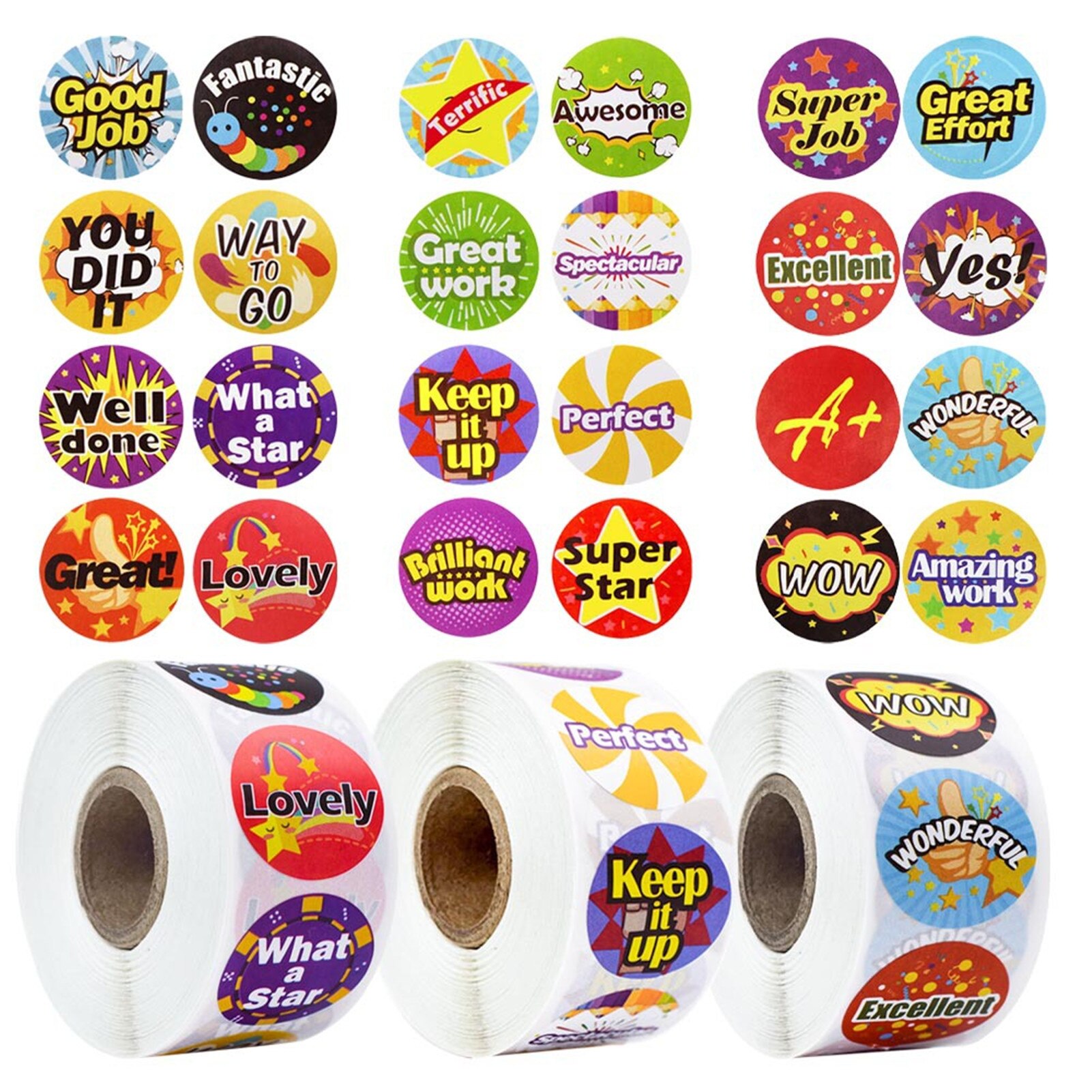 500PCS/Roll Teacher Reward Stickers Motivational 24 Designs Stickers Handmade Sticker Circle Decorative Label Sealing Stickers