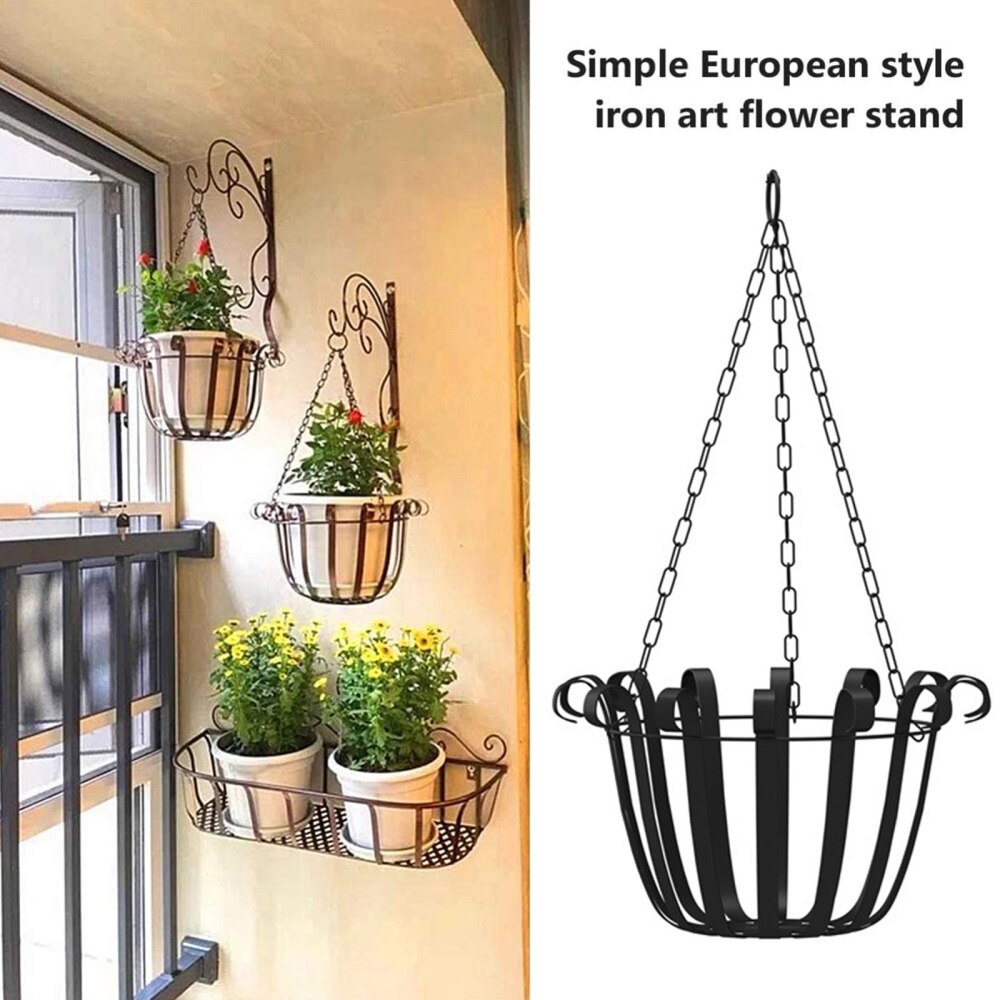 Plant Pot Holder European Style Wall Hanging Wrought Iron Hanging Basket Black Decoration Concise Metal Art Garden Supplies