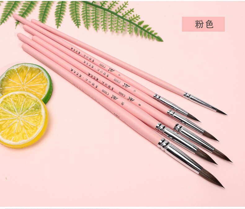 Watercolor brush black marten animal hair 6 pcs round pointed watercolor painting brush set adult beginner student hand-painted: Pink