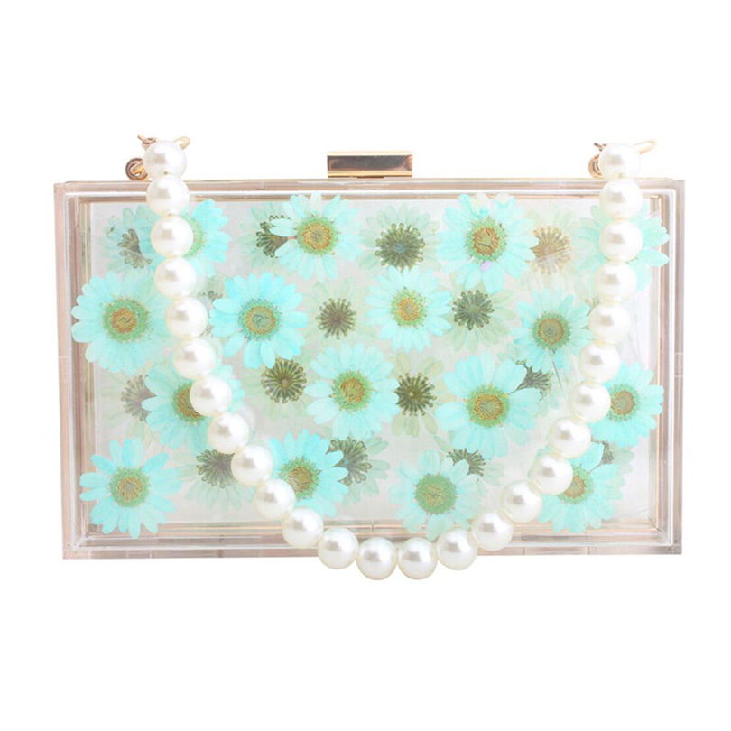 Women Acrylic Sunflower Printed Clear Purse Transparent Crossbody Bag Through Handbags Evening Clutch Events Approved: Green Bead Strap