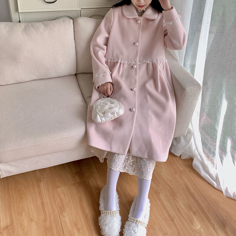 Manteau D'hiver Japonais Kawaii Pour Adolescentes - Mi-long En Laine Et Coton, Capuche, Poches Brodées, Boutons Corne