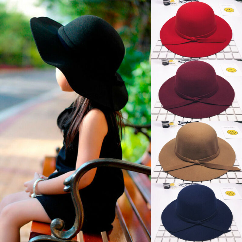 Retro stil børn piger floppy bred skygge stor filt hat bue strand hat sol hat udendørs sort rød i 2-8 år