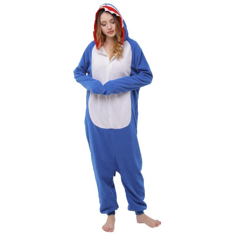 Blauwe Haai pyjama Polar Fleece Cosplay Kostuum Vrouwen Adult Fancy Leuke Dier Onepiece Warm Winter Party