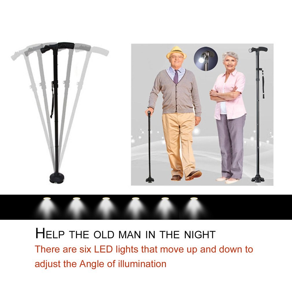 LED Light Safety Walking Stick For Old Man Folding Trekking Poles T-handle Hiking Poles Cane Walking Stick For Elders Crutch