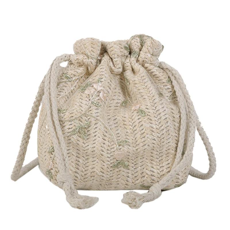 Female Casual Embroidery Lace Flower Decor Shoulder Handbags Women Straw Drawstring Crossbody Messenger Bags bolsa feminina: White