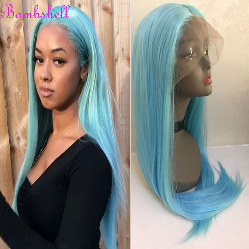 BM Sky Blue Long Straight 13*3 Synthetic Lace Front Wig Heat Resistant Fiber Hair Middle Parting Natural Hairline For Women Wigs