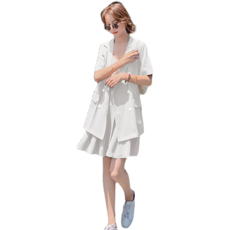 Conjuntos de dos piezas para mujer, Blazer y elegantes faldas para mujer, traje suelto de manga corta, chaqueta Mini plisada, trajes coreanos