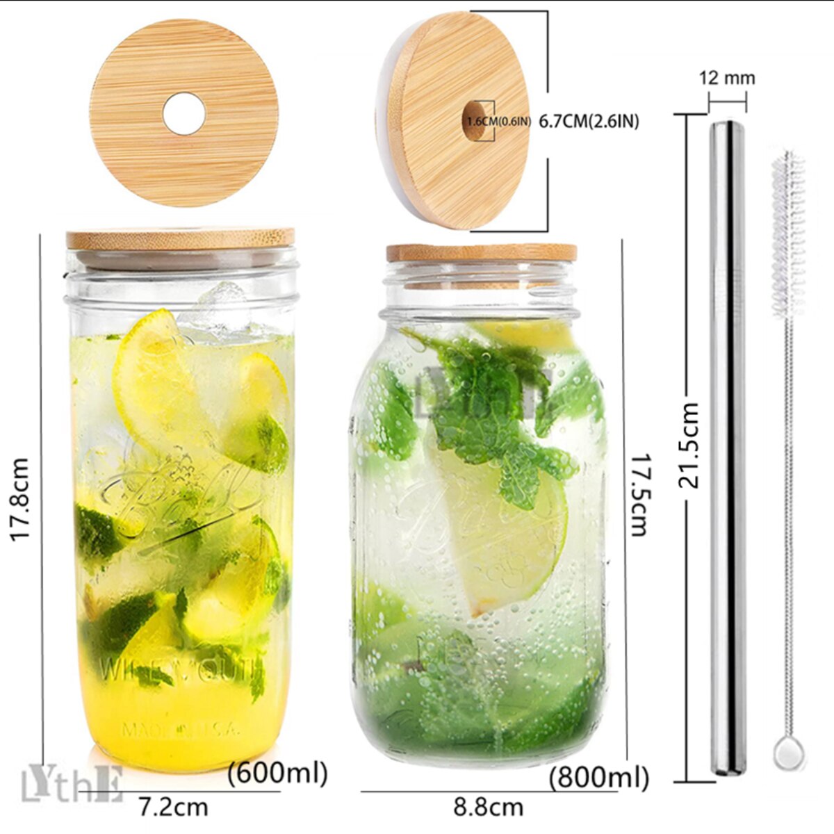 Lot de 2 pots de maçon en verre avec paille, verre réutilisable avec couvercle en bambou, pot de maçon à large bouche pour Boba Bubble Tea