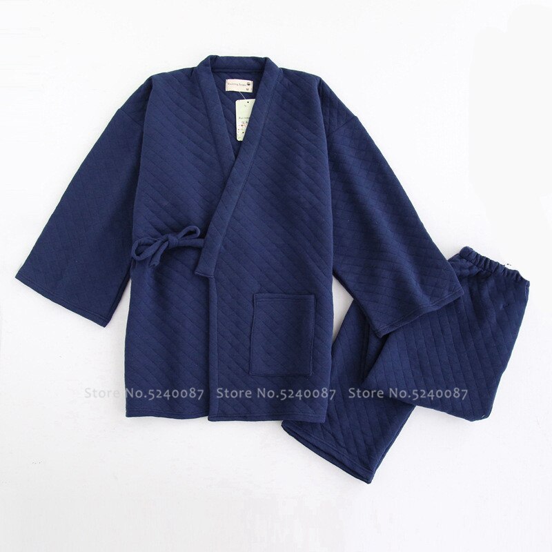 Japanilainen yukata kimono obi sauna kylpylä kylpytakki talvi yöasut miehet pyjamat set puku haori neuletakit housut yöpaita pyjamat: Laivasto / M