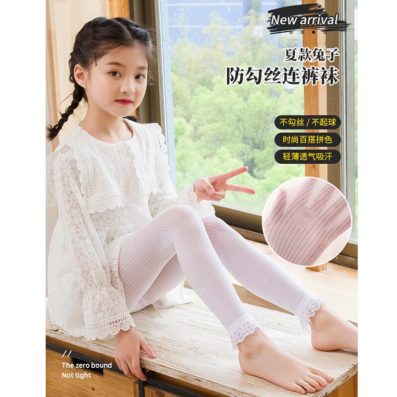 Kind Meisjes Zomer Dunne Holle Transparante Strips Leggings Leuke Vlinderdas Konijn Borduren Baby Kids Broek Negen Punt Broek