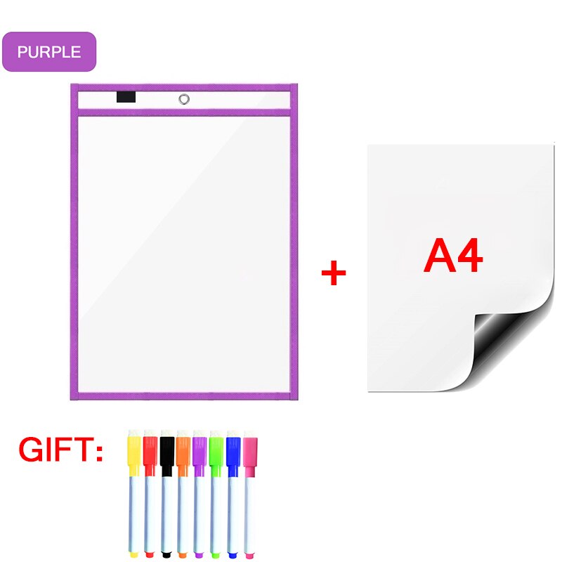 Magnetic Whiteboard Soft Dry Erase Pockets Bags Write Wipe Drawing Writing Classroom Teaching Supplies Reusable Magnet Markers: PurpleA48P