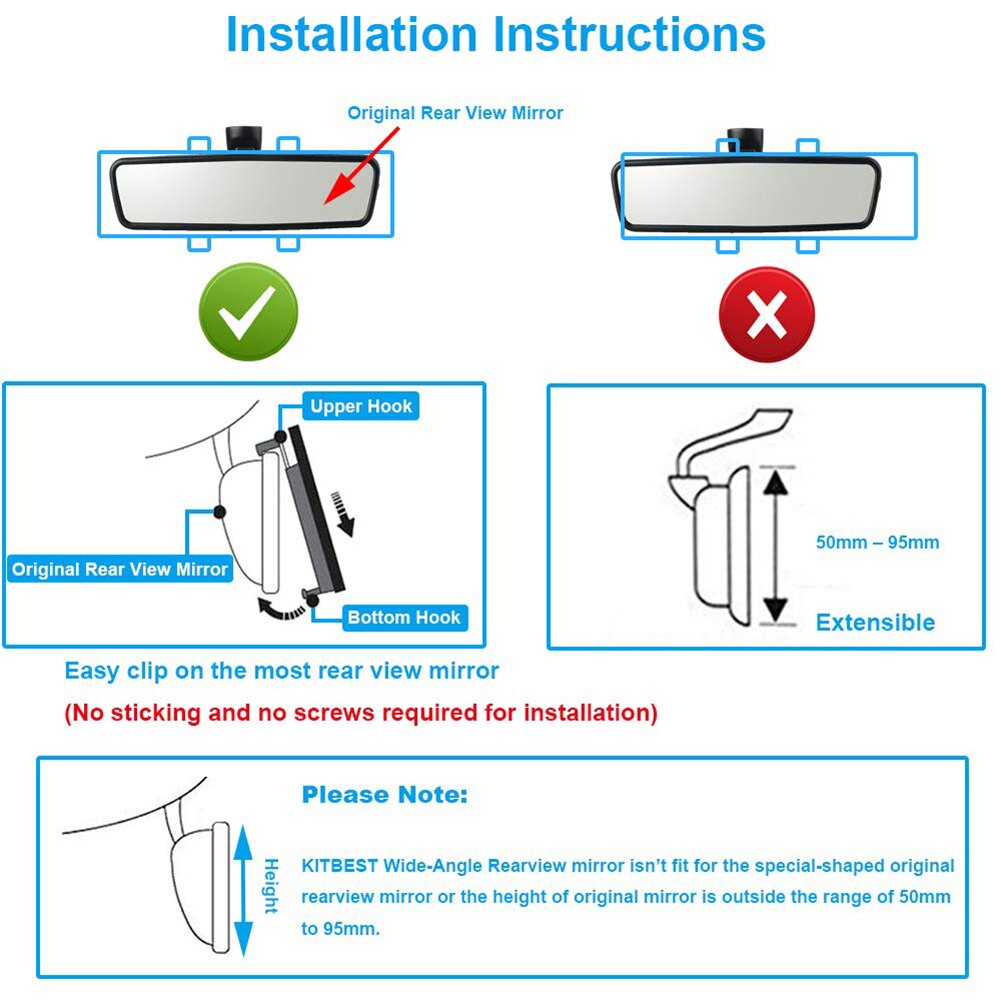 Universal 300mm Car Wide-Angle Rear-View Mirror With Wide Convex Shape Sandwiched On Rear-View Transparent Mirror