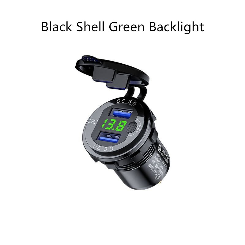 12V/24V Aluminum QC3.0 Dual USB Car Charger Fast Charge with Voltmeter Switch N0HC: BKG