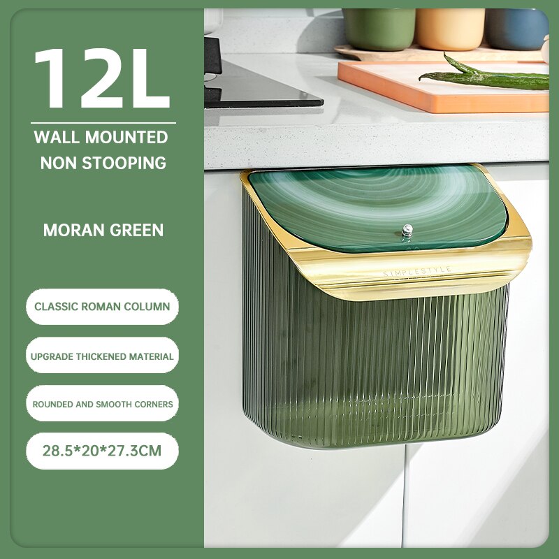 Poubelle de cuisine murale 12l avec couvercle, panier de rangement Transparent suspendu à la porte de l&#39;armoire, corbeille décorative: 12L green