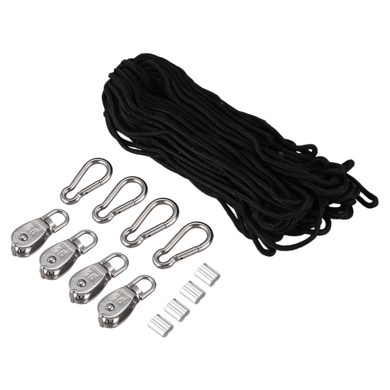 4Pcs 15mm Crane Pulley Block Swivel Hook Single Pulley Block Hanging Wire Towing Wheel 30 Meter Nylon Pulley Line Rope