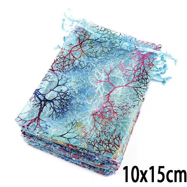Hurtownie 10 sztuk 50 sztuk wykwintne koral projekt sznurkiem torby z organzy biały niebieski torby do pakowania torby na prezenty ślubne biżuteria woreczki: Blue  10x15cm / 10pcs