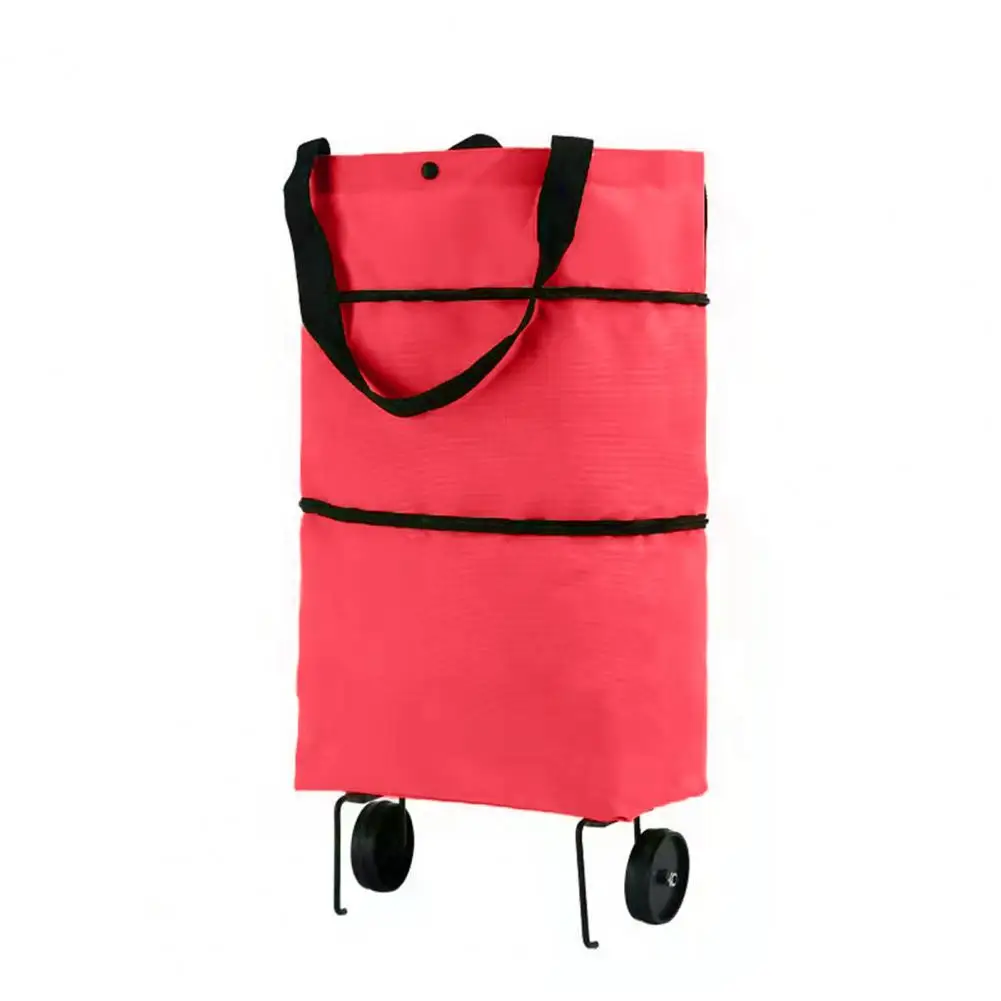 Shopping Bag with Pockets Versatile Portable Shopping Cart oldable with Wheels for Shopping Traveling folding bag hang big bags: Red