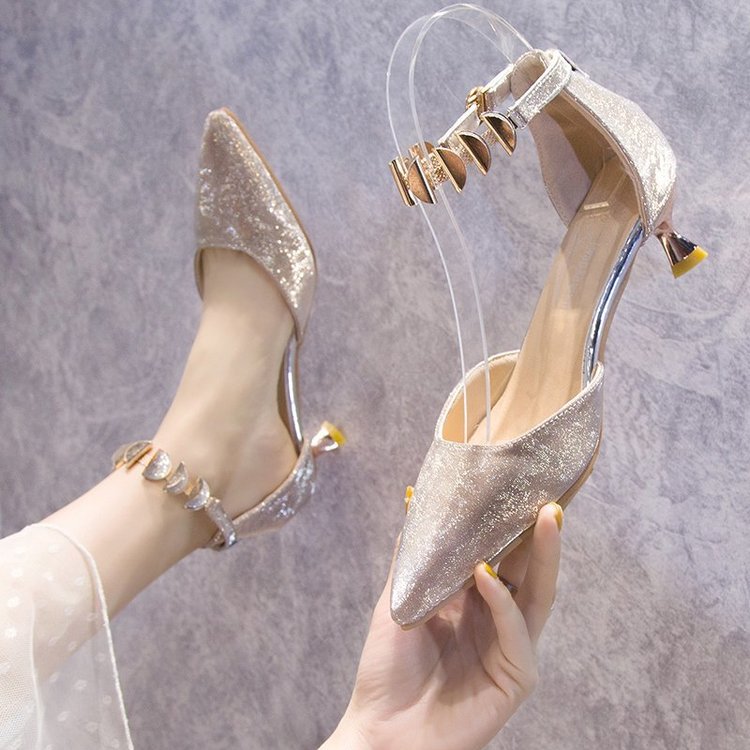 Beige Heeled Sandals Female Shoe 2022 Summer Buckle Strap Med Black Girls Closed Stiletto Silver Comfort Medium Gold Sca