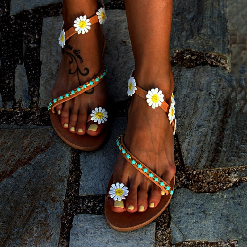 Summer Shoes Woman Gladiator Sandals Women Shoes Flat Weet Flowers Boho Beach Sandals Ladies Plus Size 44