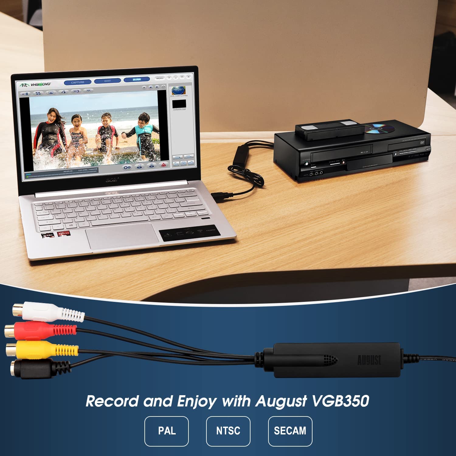 August VGB350 VHS a DVD Digital Capturadora Video y Audio USB 2.0 Convertidor/Grabadora De Captura Digitalizadora de Vídeo DVD USB para PC Windows Mac, Adaptador SCART &amp; Edite Video