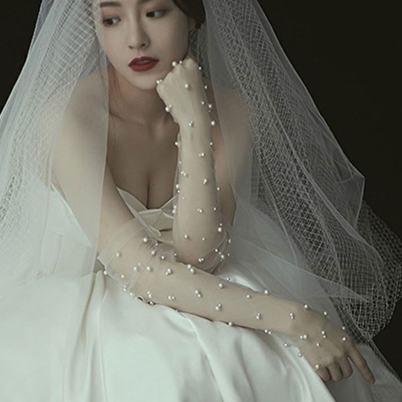 Simple Wedding Dress Gloves Bride Long Glove Photography Props Thin Section Mesh Artificial Pearl Mittens