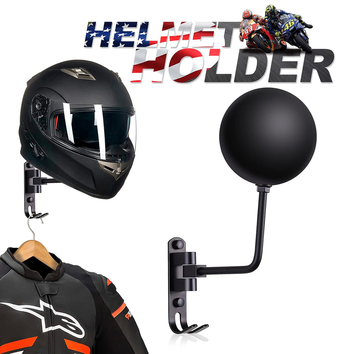 Soporte para casco de motocicleta Montaje en pared Rotación de 180° Fútbol americano Portacascos de bicicleta Con 2 ganchos Casco Soporte para colgar exhibición para gorras: Default Title