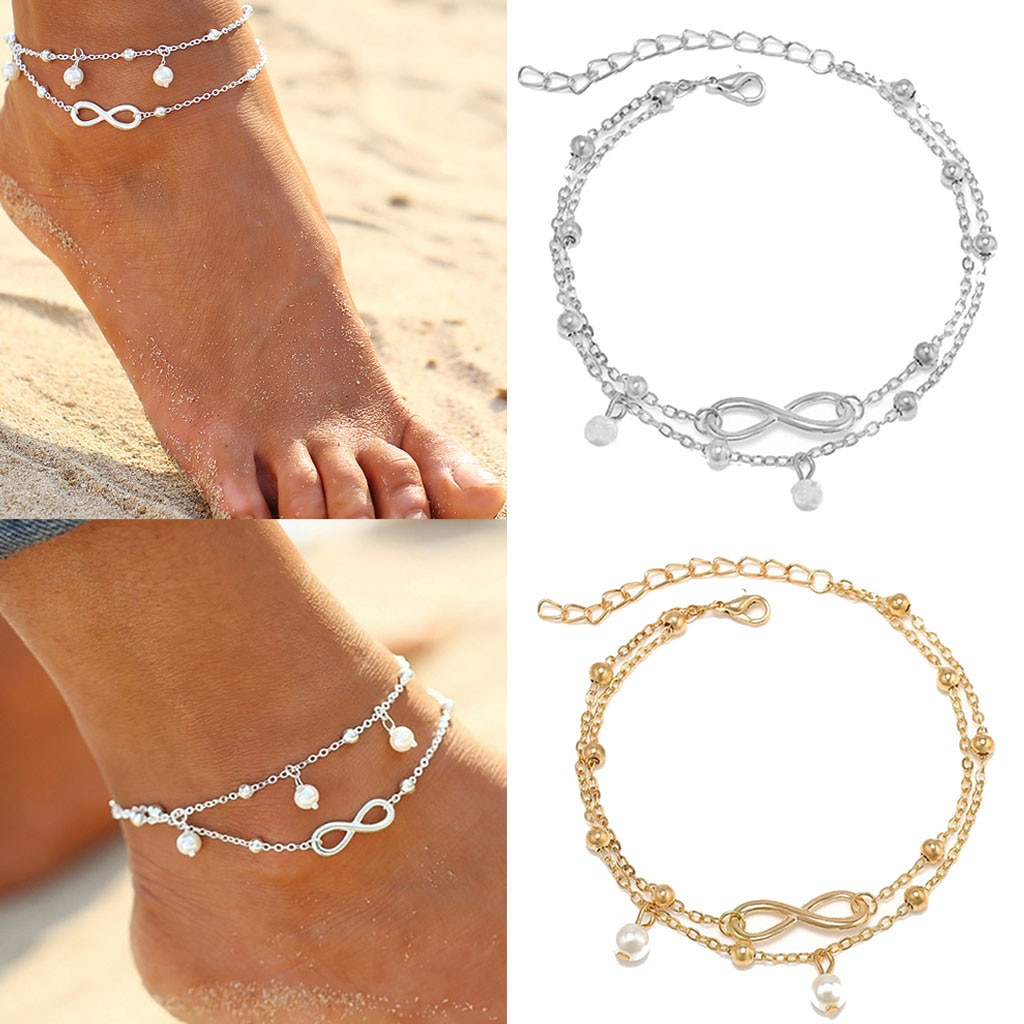 Simples feminino cor de prata boêmio praia descalço tornozeleiras crochê pulseira sandálias ouro redondo borla pé corrente mulher perna corrente