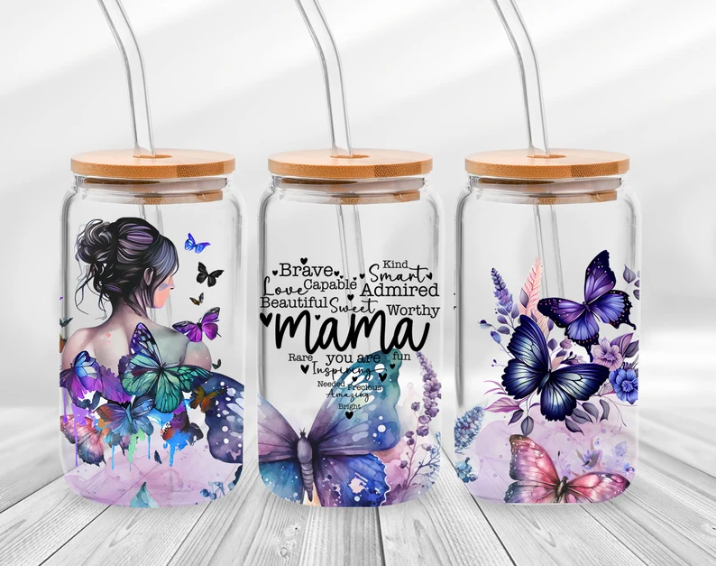 Envolturas de copa UV DTF, transferencias, del Día de la madre, pegatina para mamá, transferencia de hierro para lata de vidrio, libbey de 16oz: Medio / Borgoña