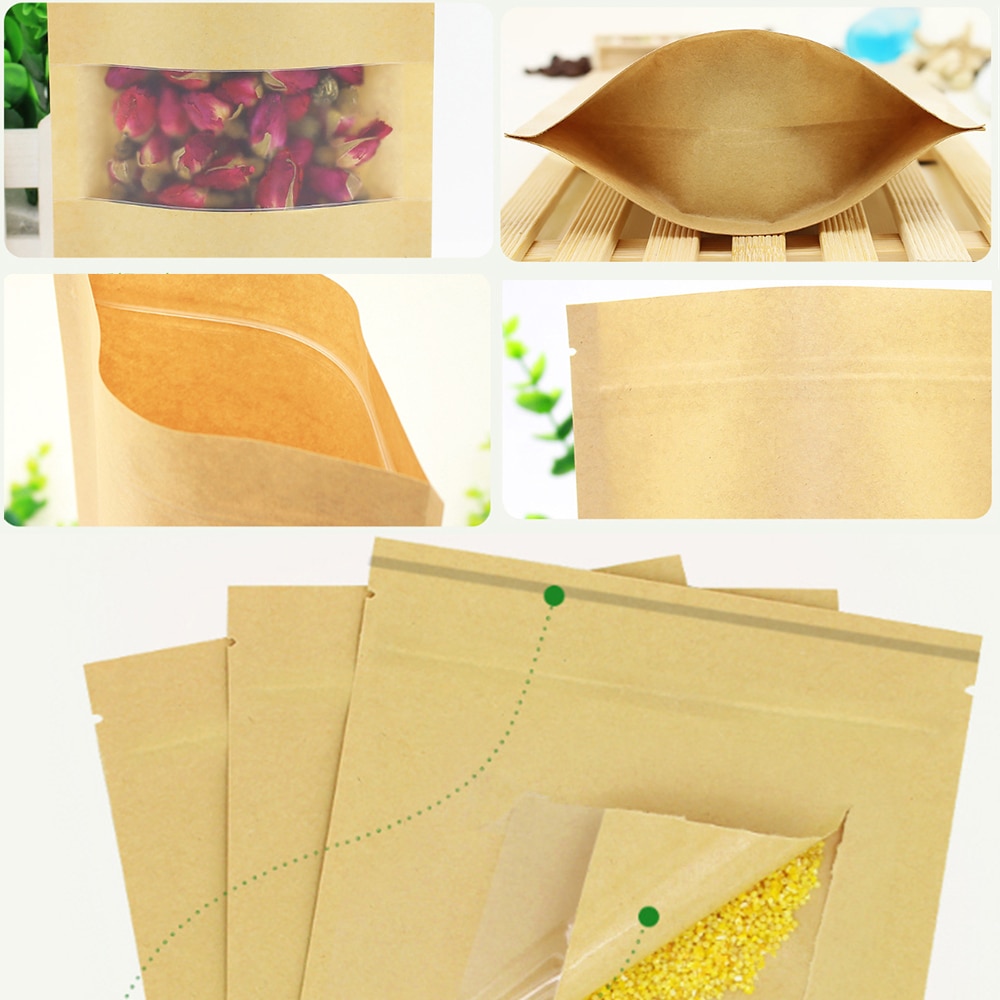 60pcs/set Stand Up Kraft Paper Bag Zip Lock Sealing with Transparent Window Bag Packages