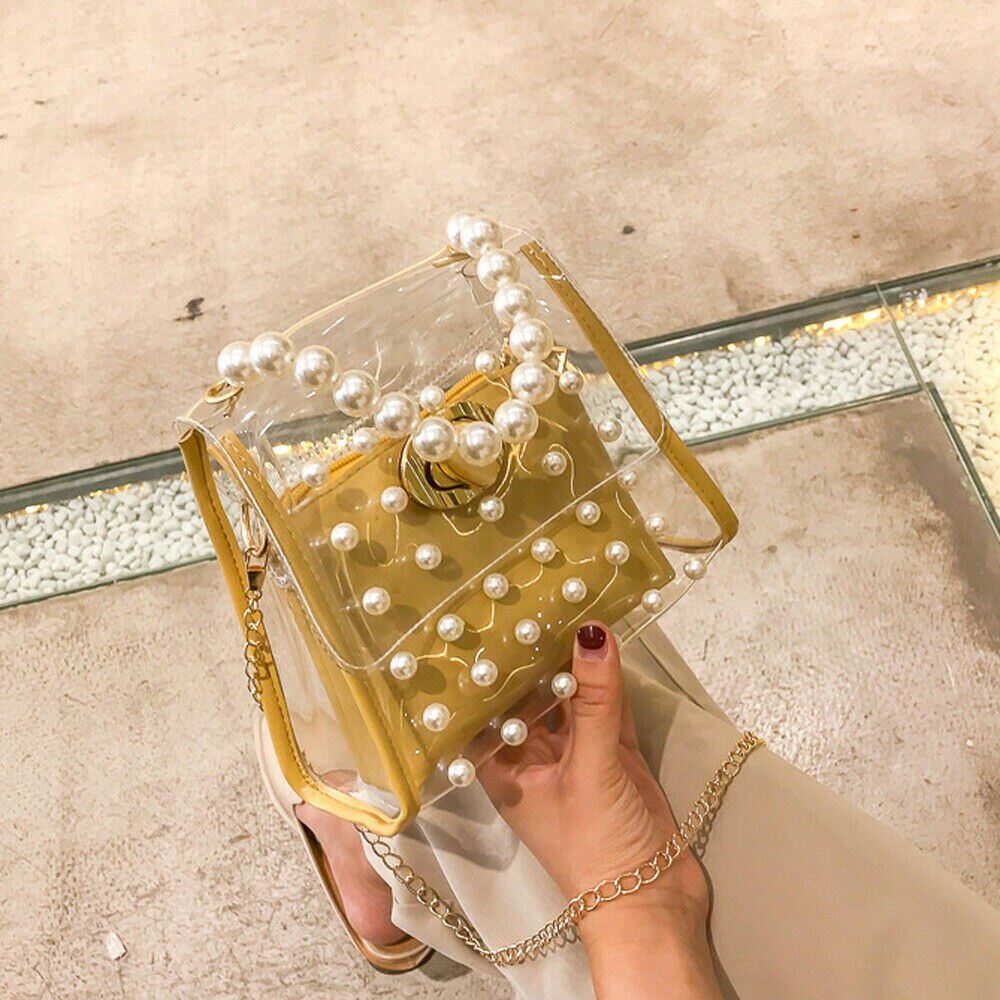 Mulheres PVC Transparente Claro Pérola Geléia Sacola Saco Do Mensageiro Bolsa Ocasional: Amarelo
