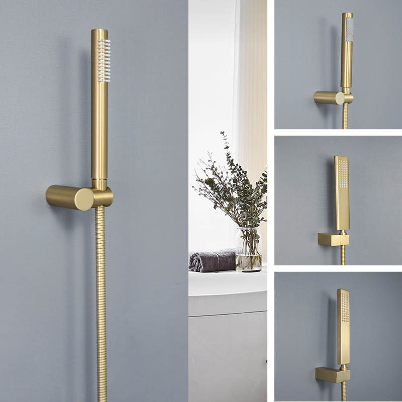 Brushed Gold Hand Shower Bathroom Handhold Water Saving Shower Head Round Square Wall Mount Holder Shower Hose Bath Hand Sprayer