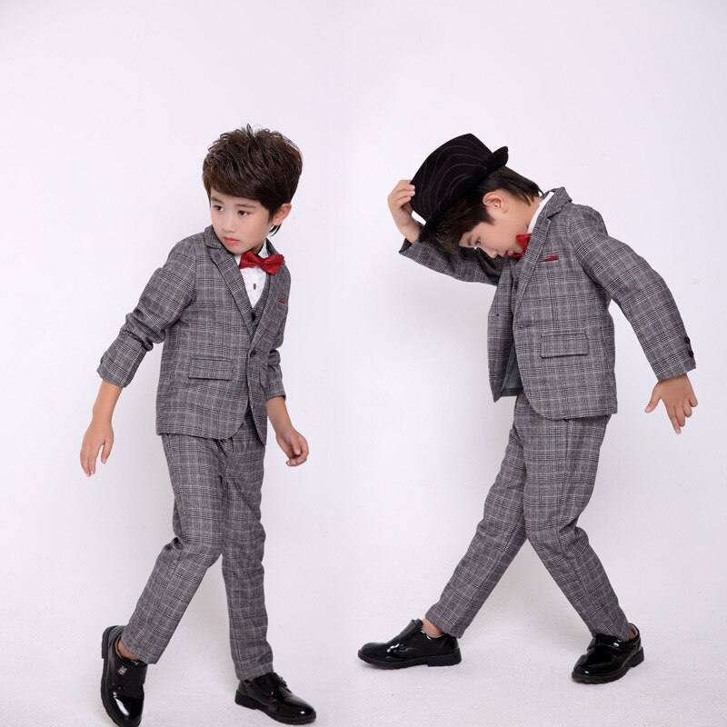 Crianças primavera outono ternos de vestido formal conjuntos flor meninos do casamento formatura escola terno conjunto crianças xadrez blazer colete calças 3 pçs roupa