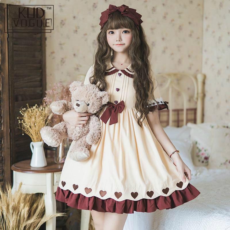 Lolita vintage piger sommer sød rund dukkekrave korte ærmer bånd sløjfer hjerter flæser kvinder fest prinsesse bal kawaii