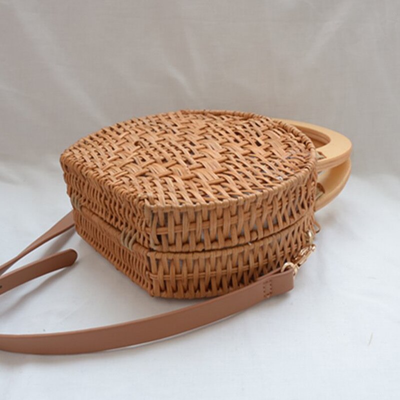 Koreaanse Versie Effen Rotan Geweven Stro Tas Vrouwen Retro Eenvoudige Ronde Harde Handtas Dames Leisure Schoudertas Vrouw