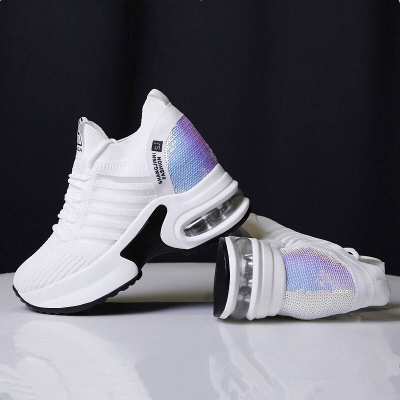 Women Sneakers 9 CM High Heel Women Bling Shoes Mesh Wedge Casual Shoes Summer Breathable Walking Shoes