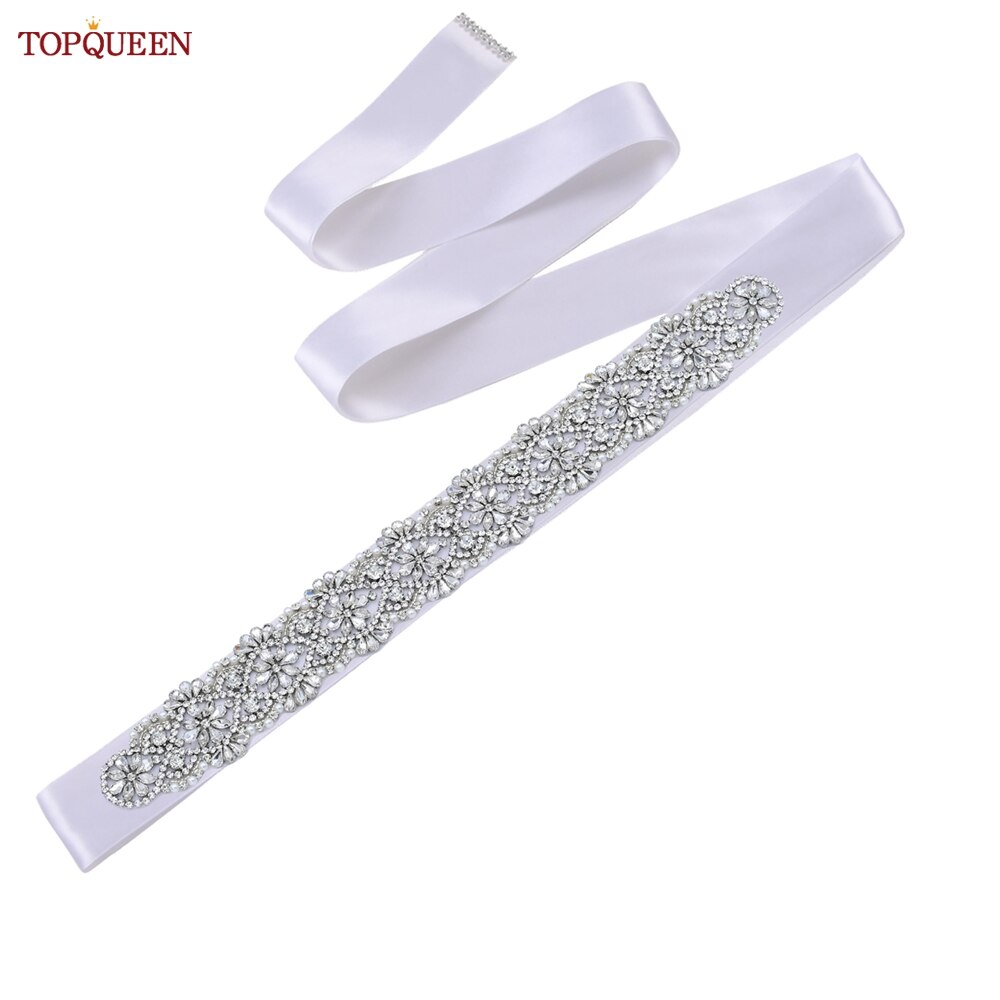 TOPQUEEN S04B damski luksusowy pasek srebrny Rhinestone pas biodrowy ślub kobieta pas pas ślubny aplikacja pasy dla kobiet szeroki: white ribbon
