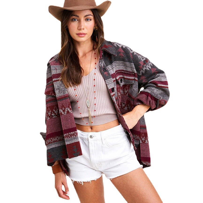 Vintage Jacket Women Splicing Loose Jacket Denim Print Aztec Retro Ethnic Style Long Sleeved Shirt Streetwear Female Goth Coat: 048-Wine red / L