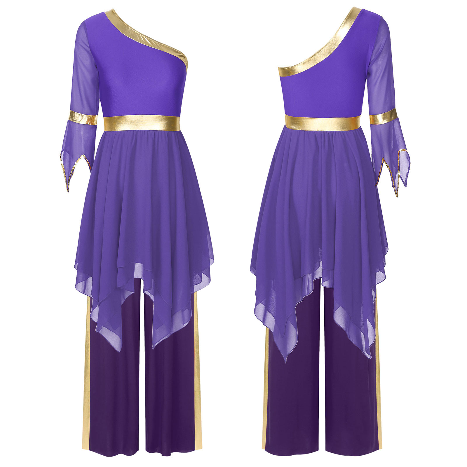 Tenue de culte de chorale d'église liturgique pour femmes, Costume de danse lyrique, asymétrique épaule dénudée, manches évasées, robe avec pantalon à jambes larges: XXL / Or