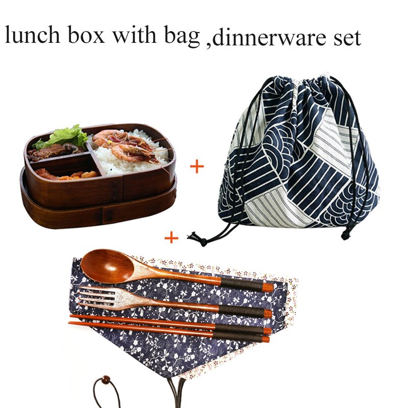 Unibird trä japansk oval matlåda med påse & sked ätpinnar sushi matbehållare barnfack bento box matsats: E