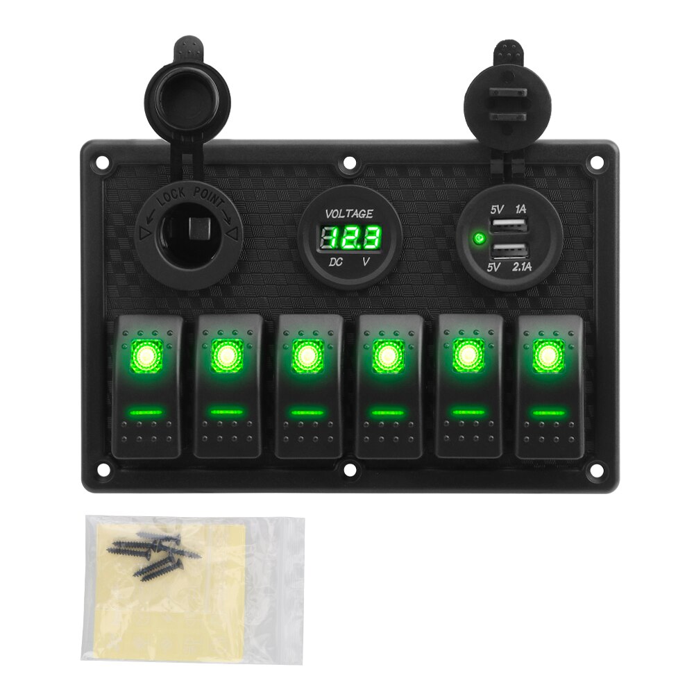 4.2A Dual Usb Slot Socket 6 Gang Rocker Switch Panel Geen Zekering Digitale Voltage Display Waterdicht