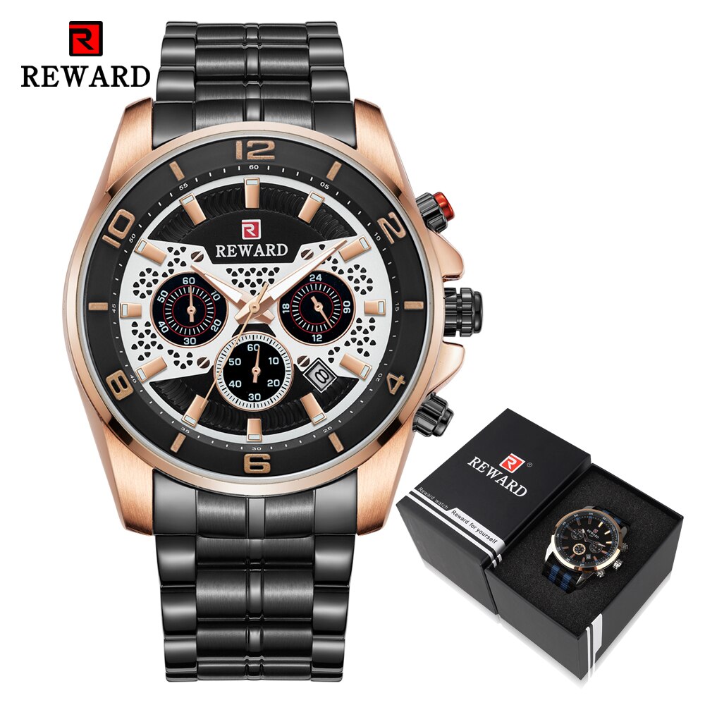 Reward sport chronograaf herenhorloges volledig stalen quartzhorloge grote wijzerplaat waterdicht horloge heren gouden polshorloges relogio masculino: Zwart goud in doos