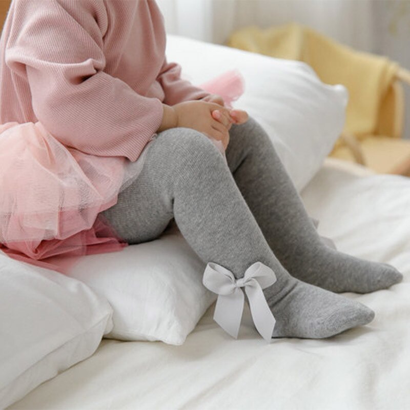 Baby Meisjes Panty Slim Stretch Leggings Kousen Effen Kleur Toevallige Zoete Stijl Katoen Panty Met Strik Voor Baby 0-24M: GRAY / 12m